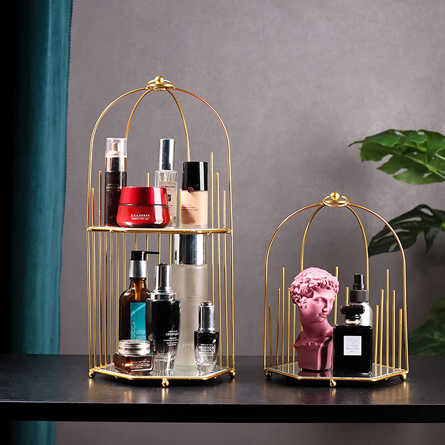 Metal Perfume Organizer Two-Tier Mirrored Base - Multi-Use Cosmetic Holder - Gold