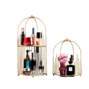 Metal Perfume Organizer Two-Tier Mirrored Base - Multi-Use Cosmetic Holder - Gold