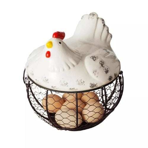 Chicken Egg Basket - Metal Egg Holder With Porcelain Lid