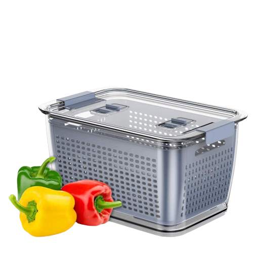 علبة ثلاجة اكلريك صحي بمصفاه - وعاء تخزين طعام لتنظيم الثلاجة - رمادي