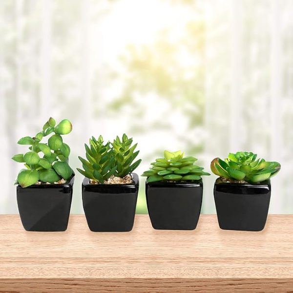 Artificial Decorative Plants - Small Ceramic Pot Plants - Black